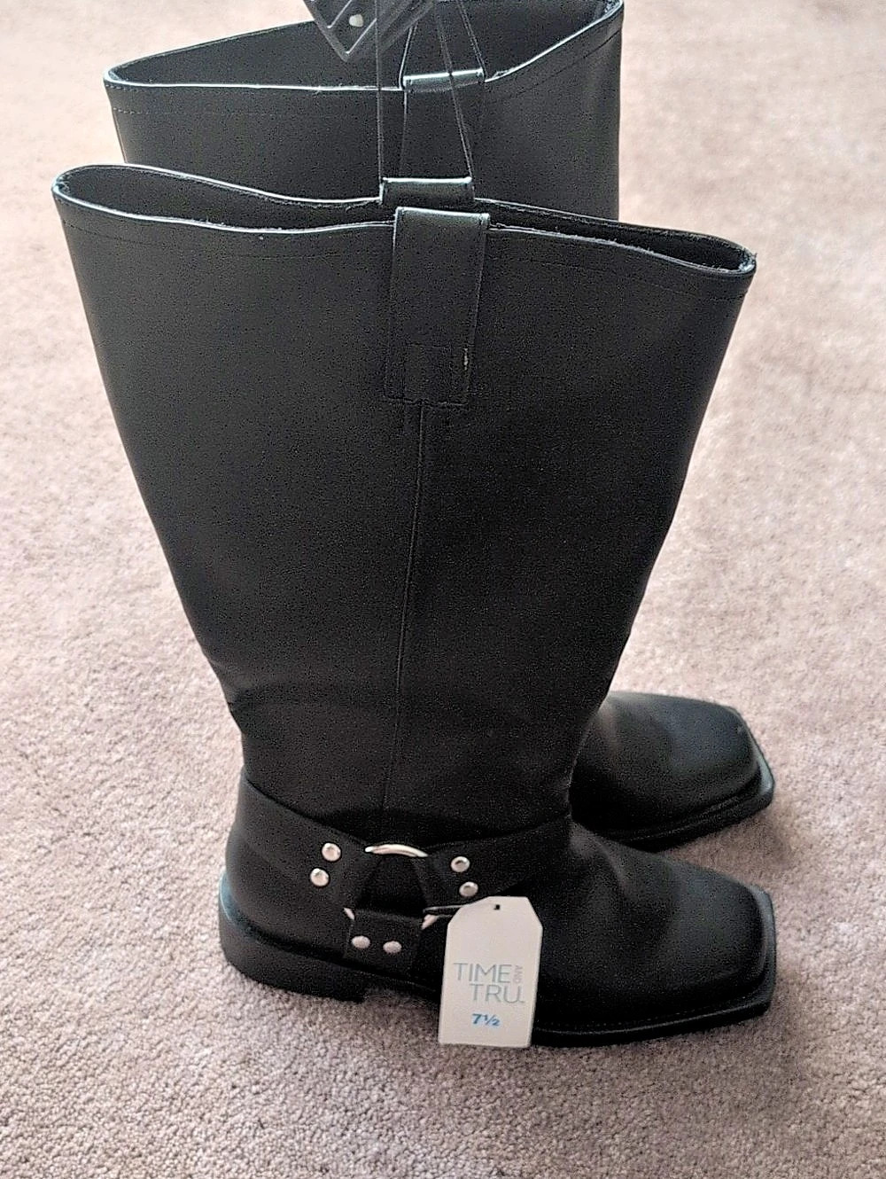 Time and Tru Women's Faux Leather Tall Moto Harness Boots Black US 7.5